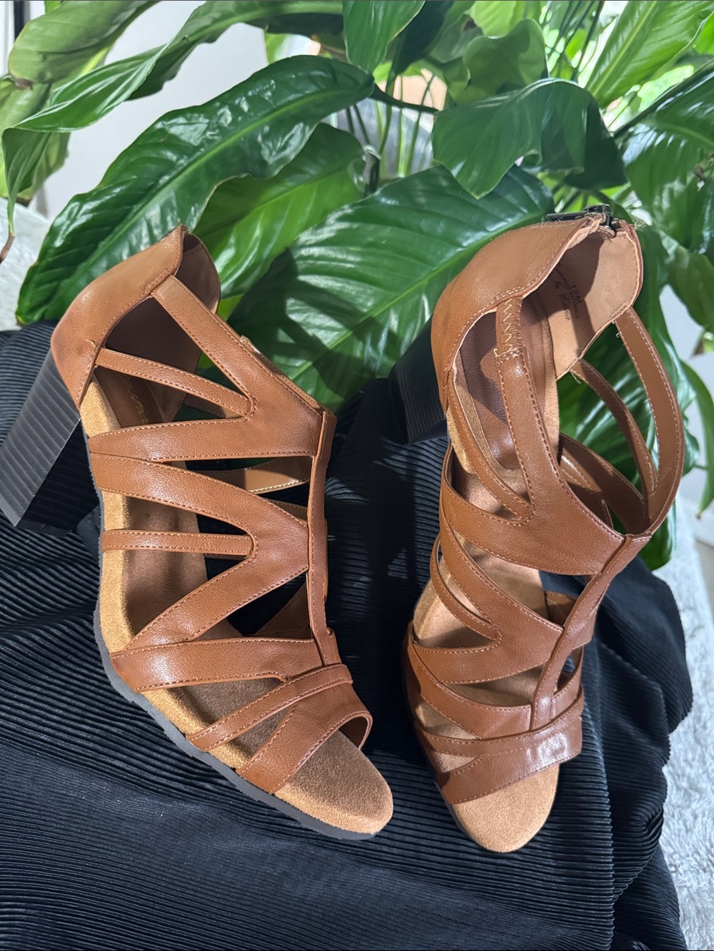 Easy Street Amaze Cognac Brown Strappy Block Heel Sandals- New Size 12M